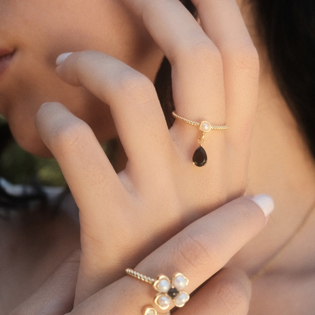 Pearl &amp; Onyx Drop Ring