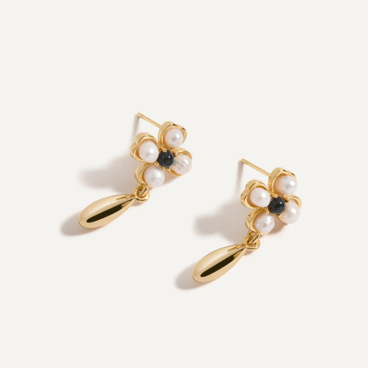 Pearl &amp; Onyx Quatrefoil Earrings
