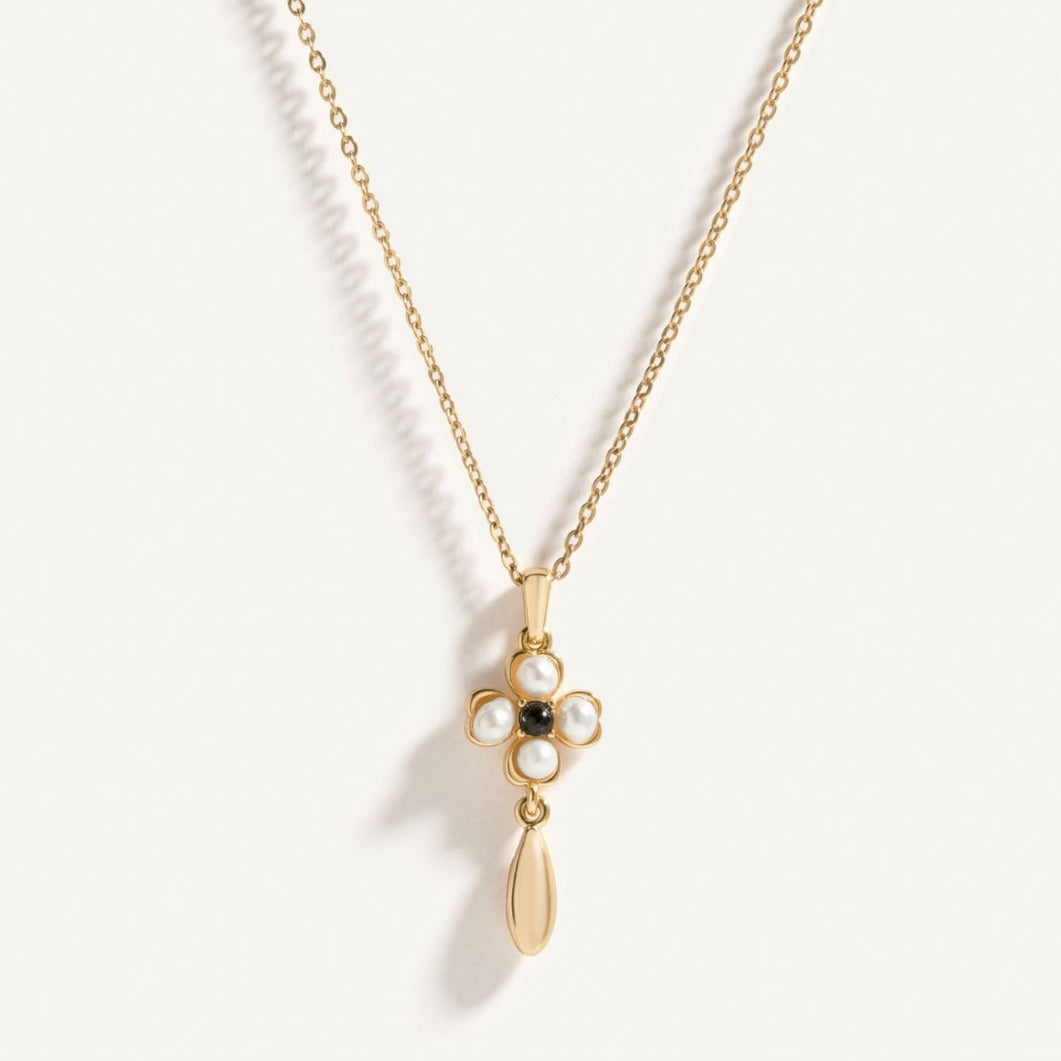 Pearl &amp; Onyx Quatrefoil Necklace